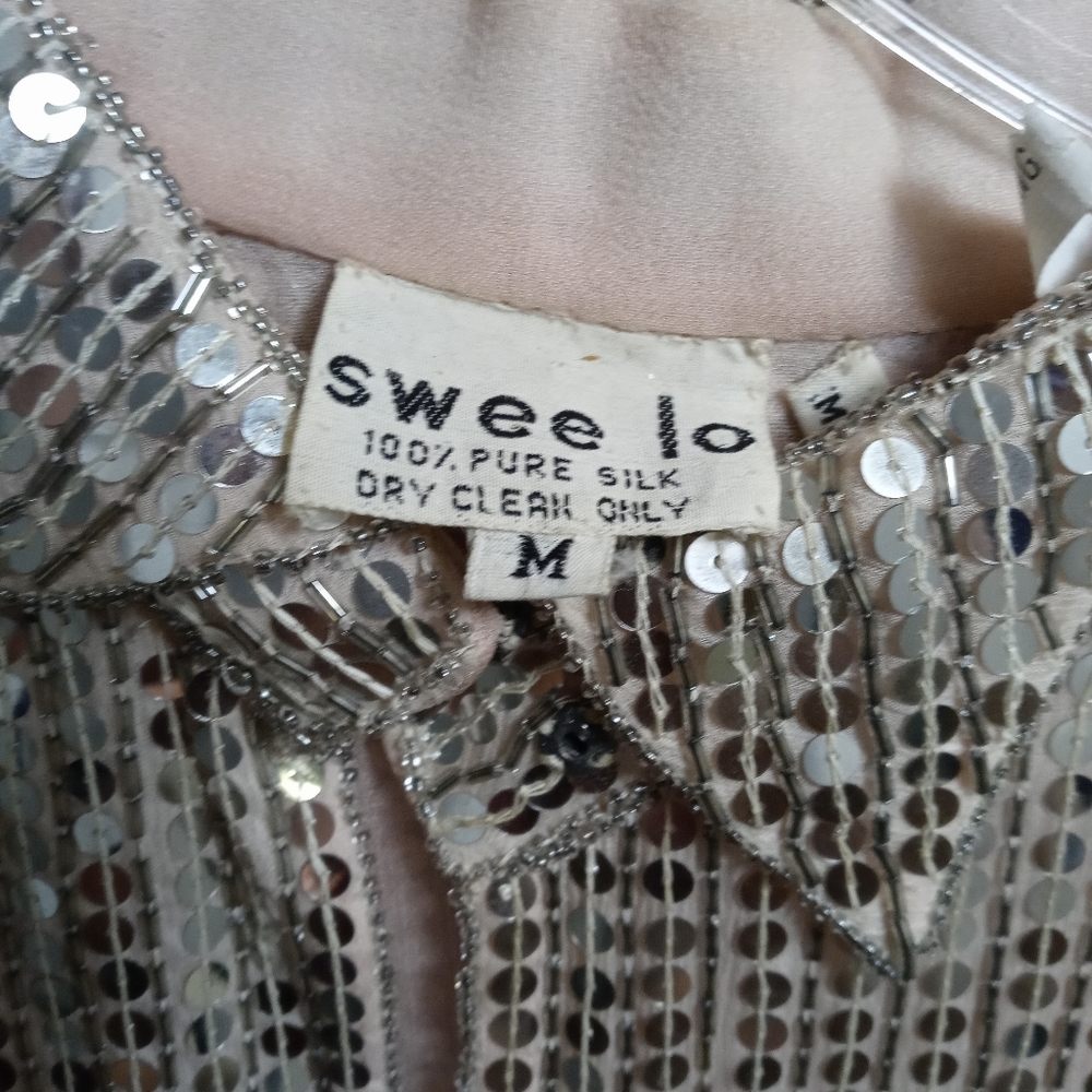 Dazzling See Lo Vintage Silver Sequin Button Down Blouse Made w/100%Pink Silk